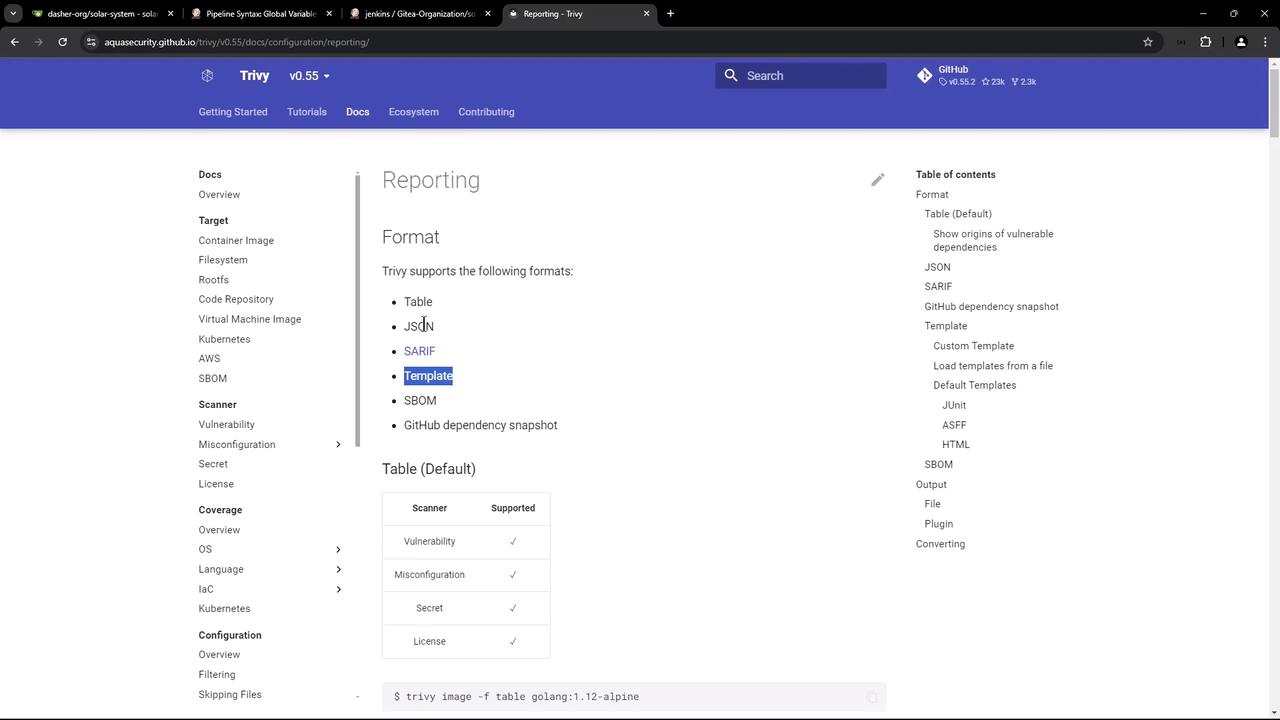 The image shows a webpage from Trivy's documentation, detailing the reporting formats supported by Trivy, such as Table, JSON, and Template. The page includes a table listing supported scanners and a command example.