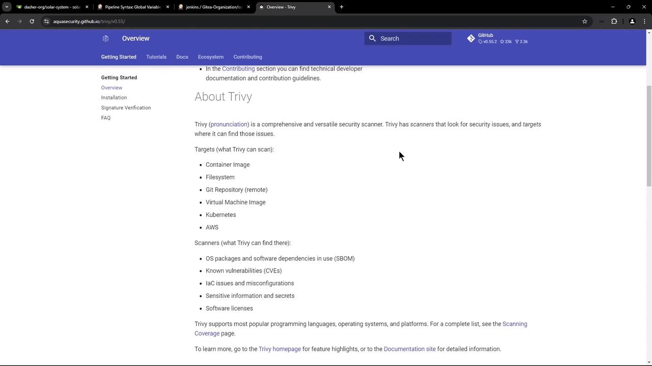 The image is a screenshot of a webpage from Aqua Security's documentation about Trivy, a security scanner. It lists the targets Trivy can scan, such as container images and filesystems, and the types of issues it can detect, like known vulnerabilities and sensitive information.