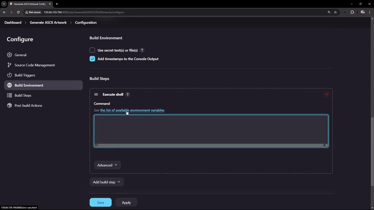 The image shows a configuration screen for a build environment, with options to execute shell commands and add timestamps to the console output. There are sections for build steps and post-build actions, with buttons to save or apply changes.