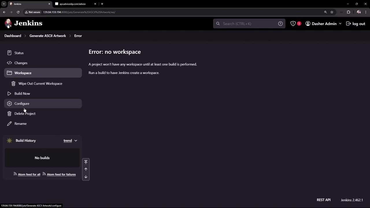 The image shows a Jenkins dashboard with an error message stating "Error: no workspace," indicating that a project needs a build to create a workspace. Various options like "Build Now" and "Configure" are visible on the left sidebar.