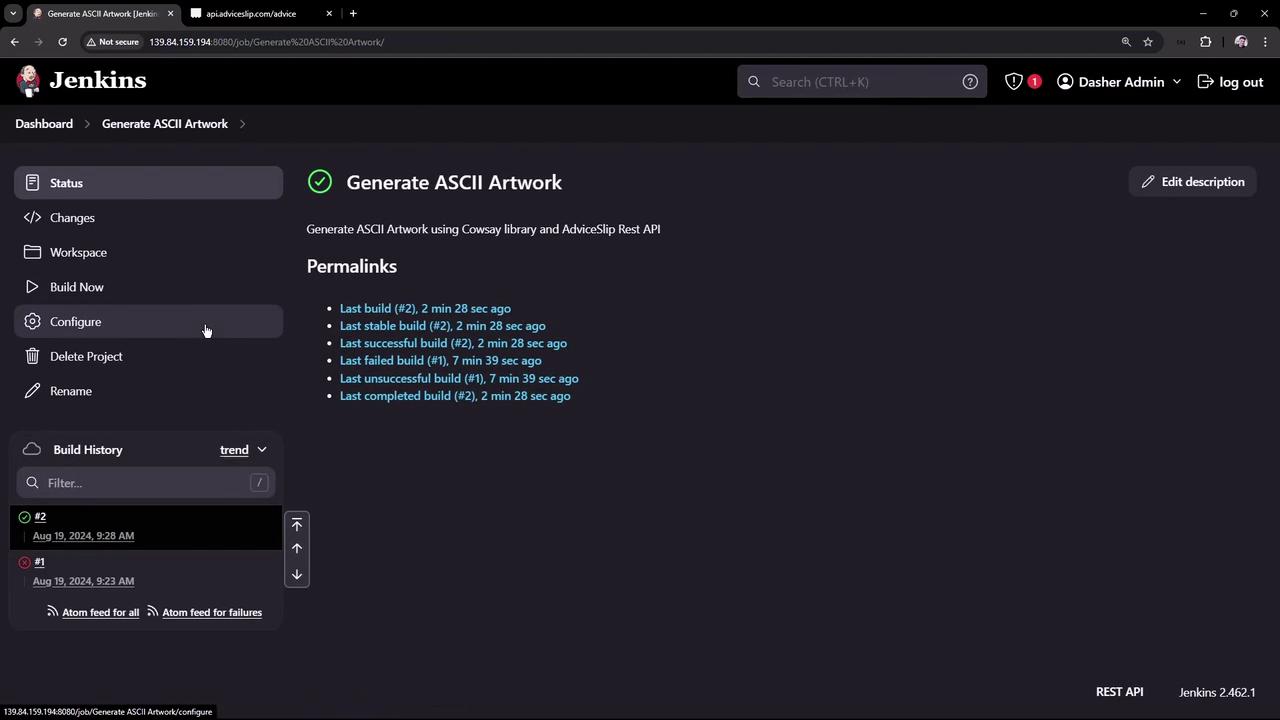 The image shows a Jenkins dashboard for a project called "Generate ASCII Artwork," displaying build history and permalinks for recent builds. The interface includes options like "Build Now," "Configure," and "Delete Project."