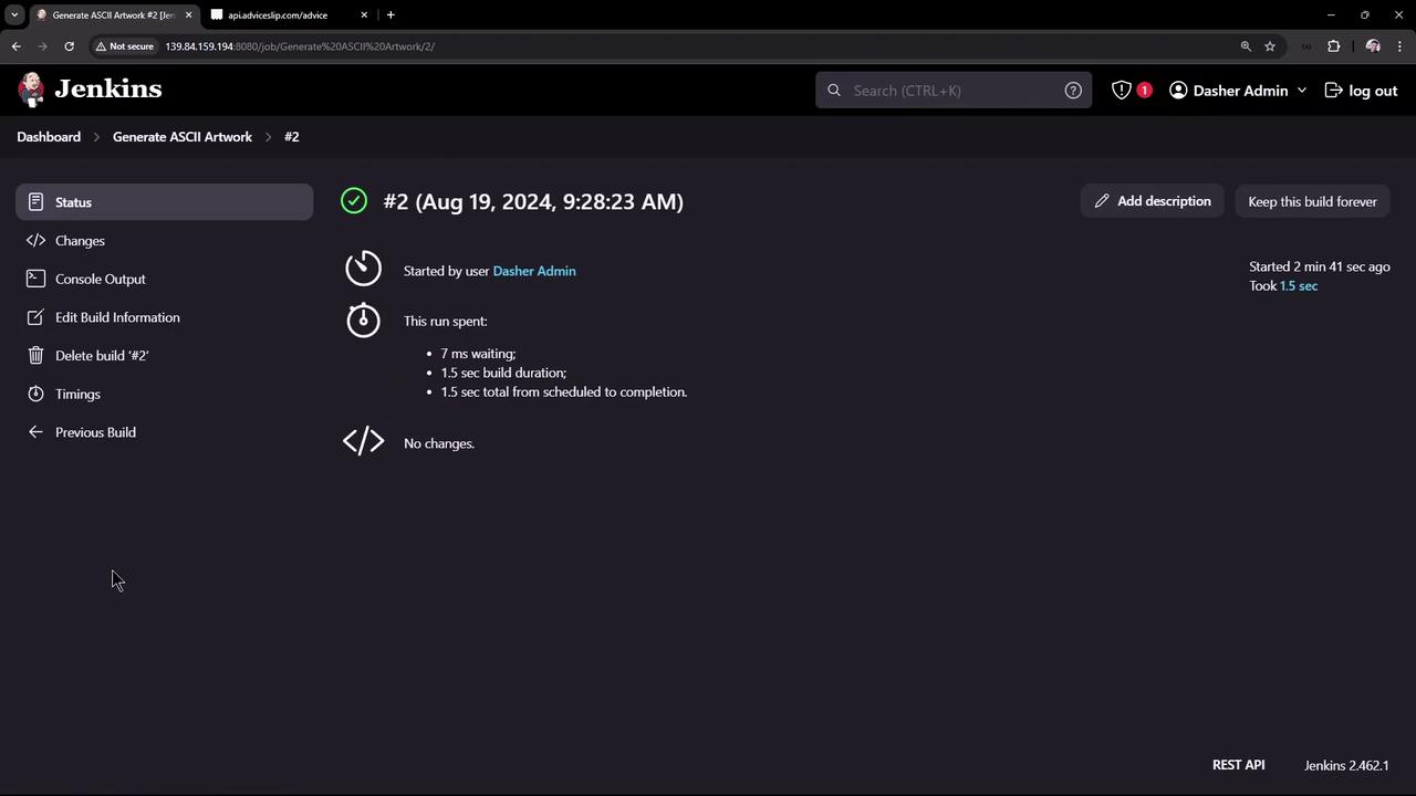 The image shows a Jenkins dashboard displaying the status of a build job named "Generate ASCII Artwork #2," which was completed successfully in 1.5 seconds. The build was started by a user and shows details like waiting time and build duration.
