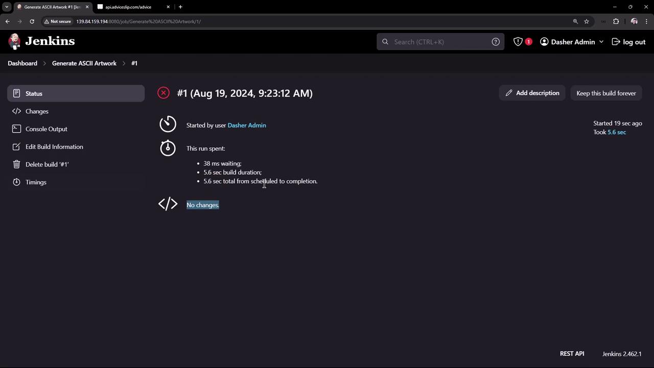 The image shows a Jenkins dashboard displaying the status of a build job titled "Generate ASCII Artwork." It includes details such as the start time, user, and duration of the build process.