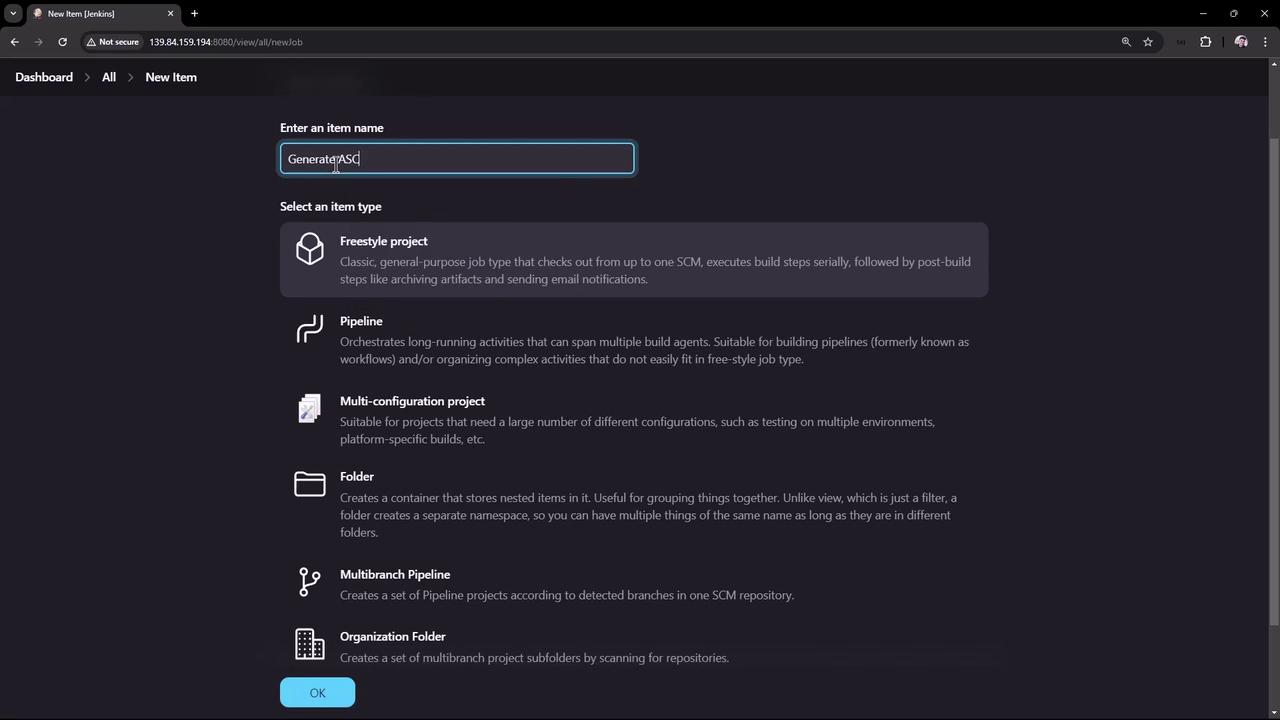 The image shows a Jenkins dashboard where a user is creating a new item, with options to select different project types such as Freestyle project, Pipeline, and Multibranch Pipeline.