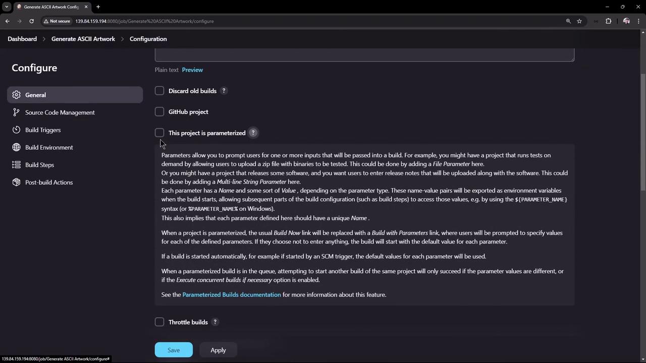 The image shows a configuration page for a project, likely in a software development environment, with options for setting parameters, source code management, build triggers, and more. There are checkboxes for various settings and a section explaining parameterized builds.