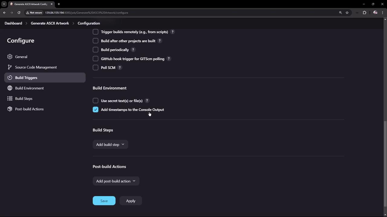 The image shows a configuration screen for a software build system, with options for build triggers, environment settings, and post-build actions. The interface includes checkboxes and dropdown menus for various settings.
