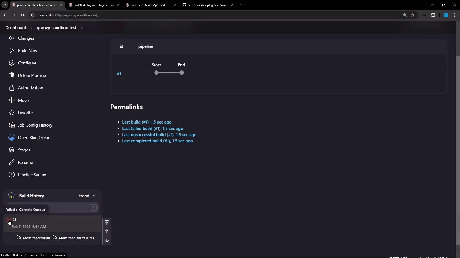 The image shows a Jenkins dashboard for a project named "groovy-sandbox-test," displaying build history and permalinks for recent builds, with options for configuration and navigation on the left sidebar.