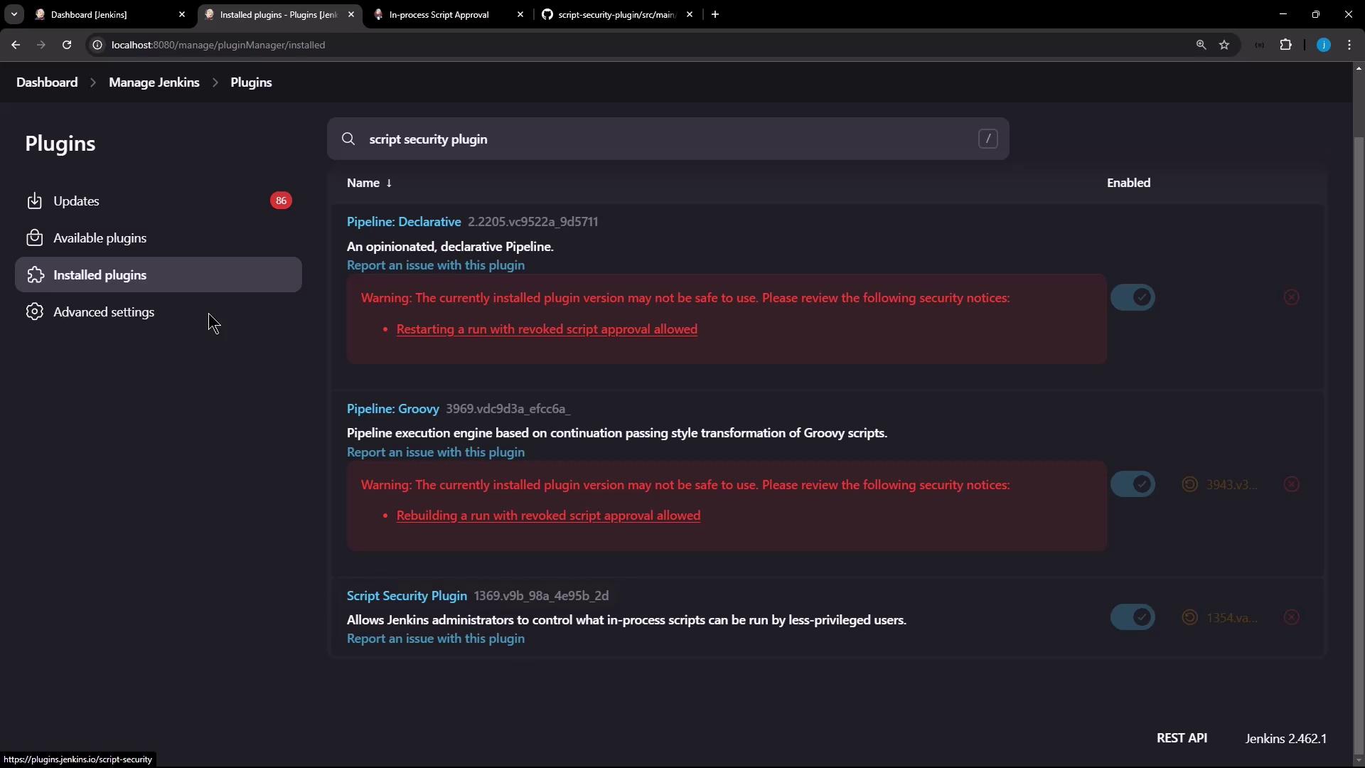 The image shows a Jenkins dashboard displaying installed plugins, with warnings about security issues related to specific plugins.