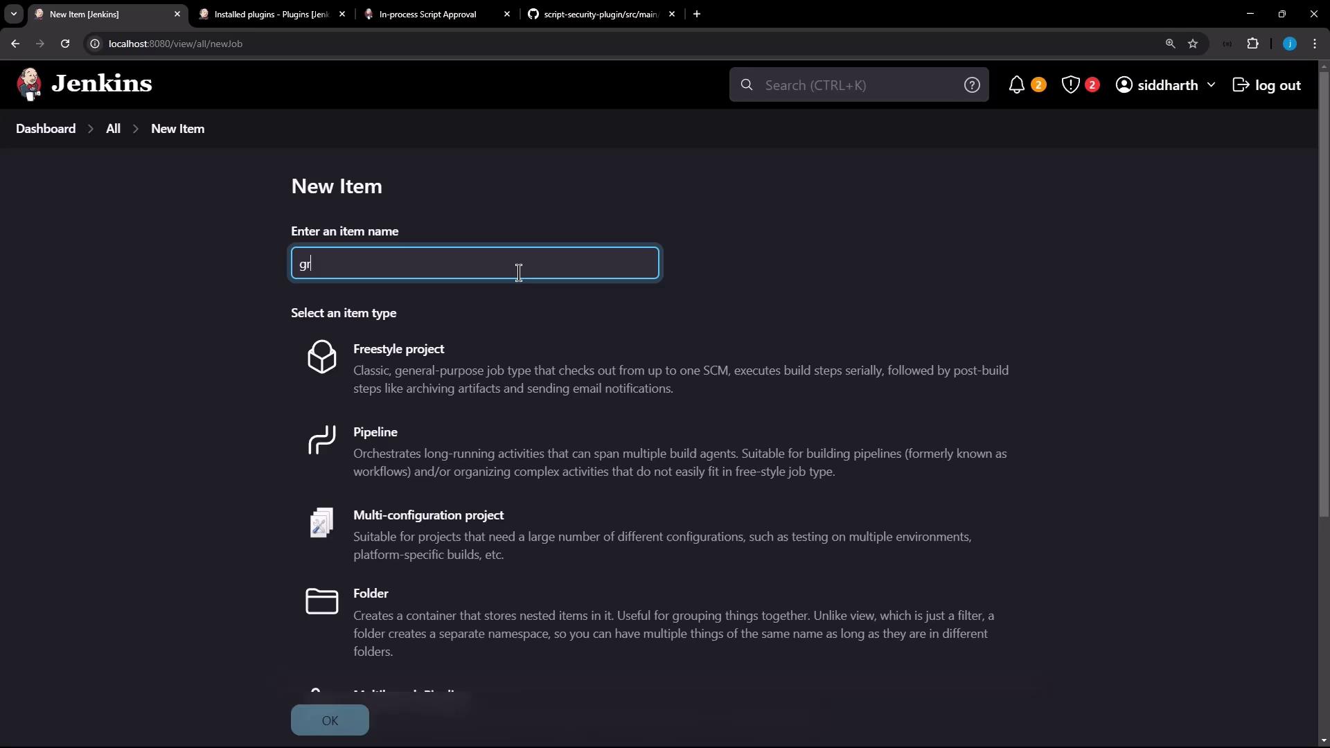 The image shows a Jenkins interface where a user is creating a new item. The options for item types include Freestyle project, Pipeline, Multi-configuration project, and Folder.