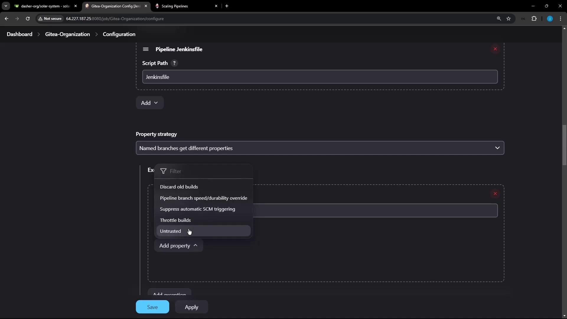 The image shows a configuration screen for a Jenkins pipeline, with options for setting the script path and property strategy, and a dropdown menu for selecting build properties.