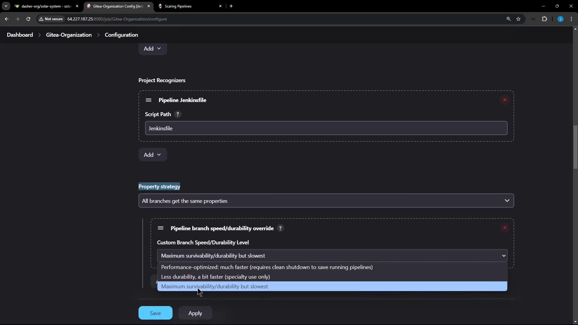 The image shows a configuration screen for a Jenkins pipeline, with options for setting the script path and selecting a pipeline branch speed/durability level.