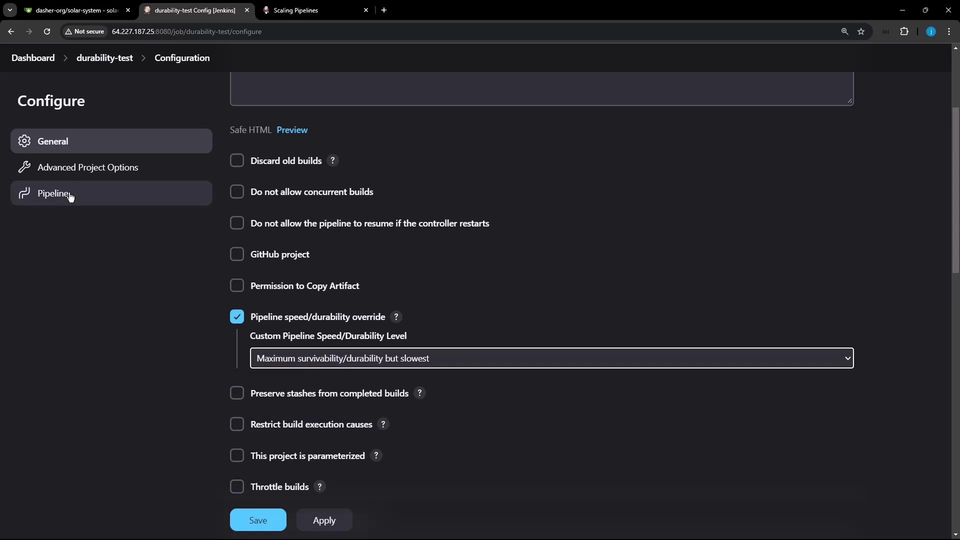 The image shows a configuration screen from Jenkins, displaying various pipeline settings and options for a project.
