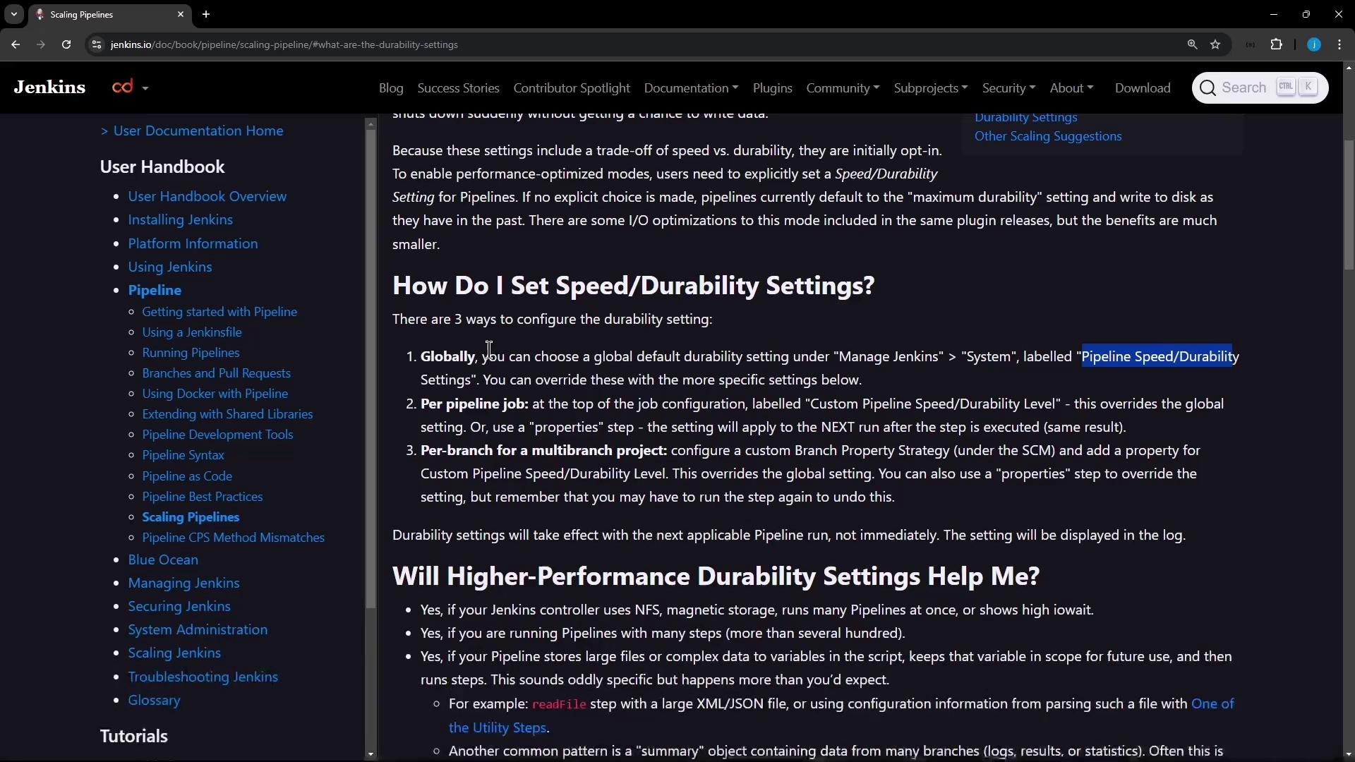 The image shows a webpage from the Jenkins documentation, specifically focusing on pipeline speed and durability settings. It includes a navigation menu on the left and detailed instructions on configuring these settings on the right.