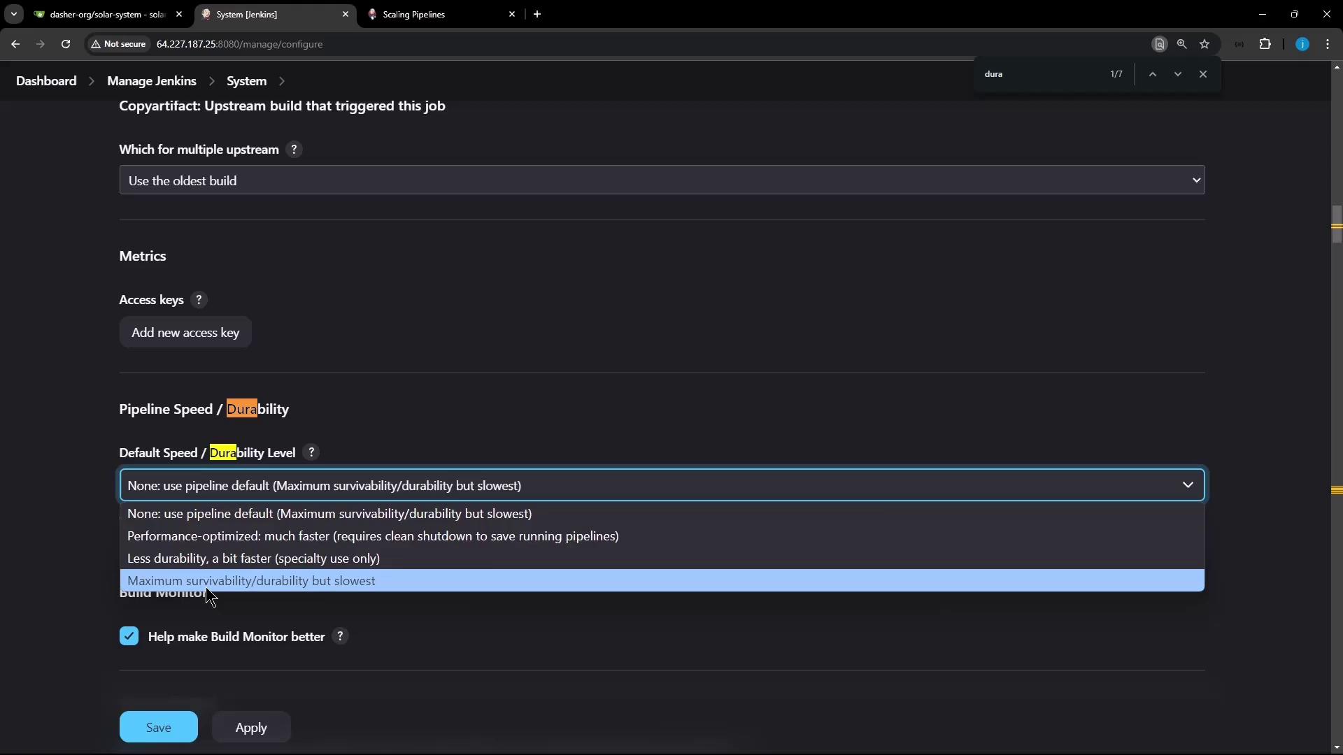 The image shows a Jenkins system configuration screen with options for setting pipeline speed and durability levels, including a dropdown menu for selecting the default speed/durability level.