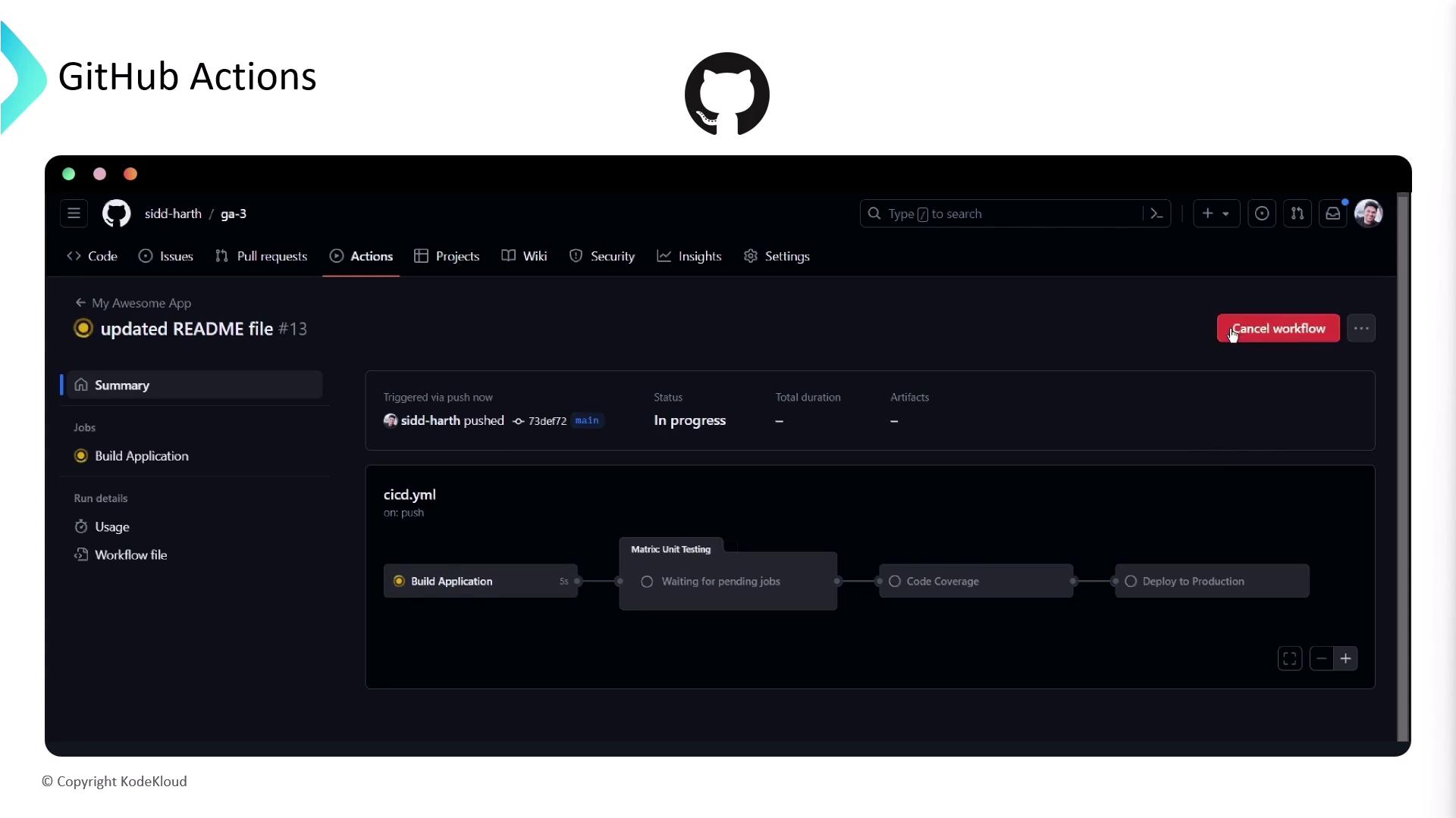 The image shows a GitHub Actions interface with a workflow in progress for a project. It includes details about a job triggered by a push, with steps like building the application and unit testing.