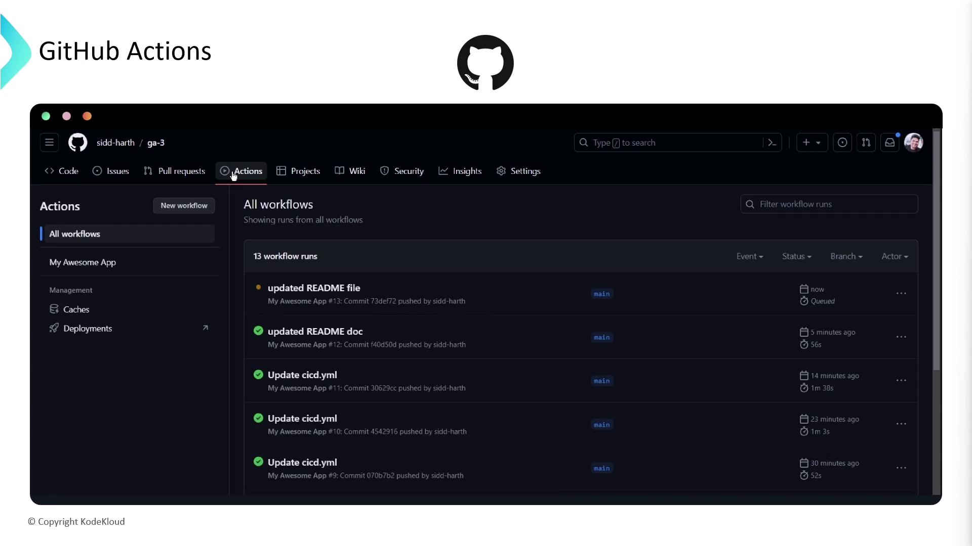 The image shows a GitHub Actions interface displaying a list of workflow runs for a project, with details such as event status, branch, and actor.