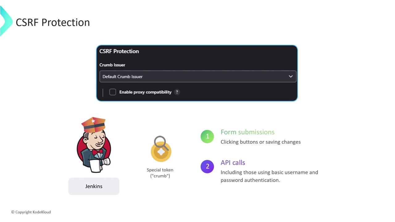 The image is about CSRF protection in Jenkins, showing a configuration panel for a "Crumb Issuer" and explaining its use in form submissions and API calls. It includes an illustration of the Jenkins mascot and a special token labeled "crumb."