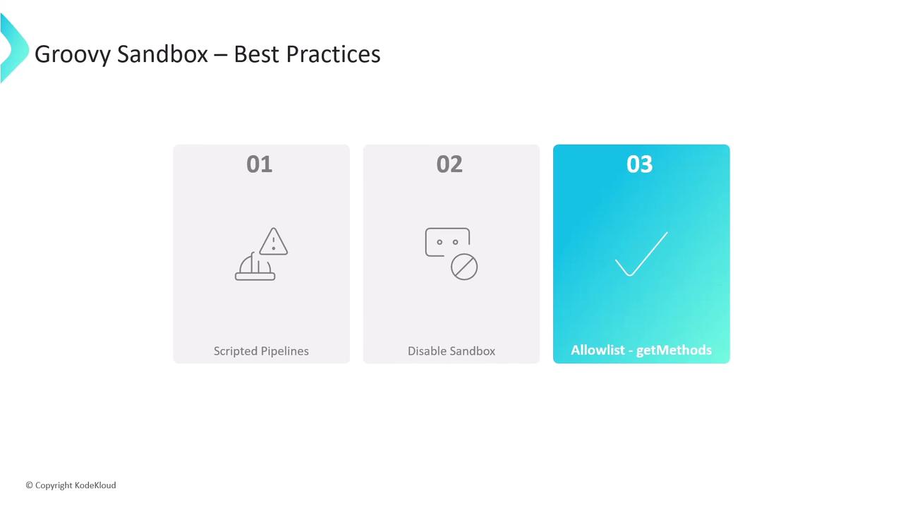 The image outlines best practices for Groovy Sandbox, featuring three steps: using scripted pipelines, disabling the sandbox, and allowing specific methods.
