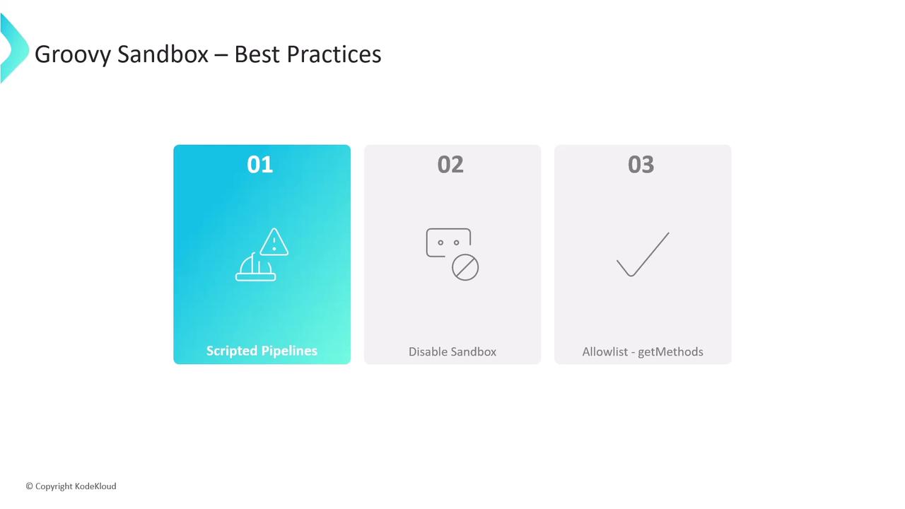 The image outlines three best practices for Groovy Sandbox: using scripted pipelines, disabling the sandbox, and allowlisting getMethods.