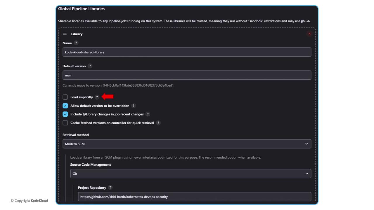 The image shows a configuration screen for "Global Pipeline Libraries" with options for setting a library name, default version, and retrieval method. It includes checkboxes for various settings and a URL for a GitHub repository.