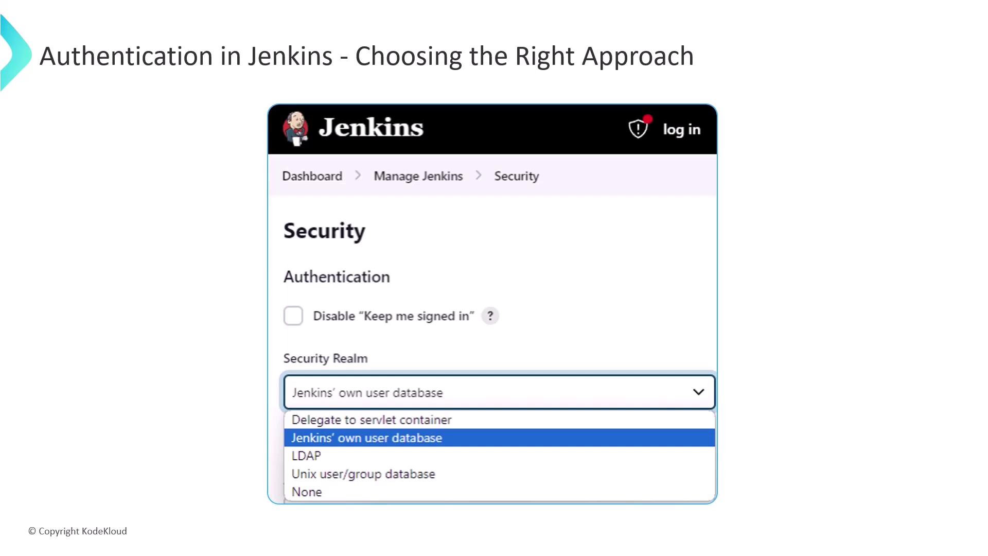 The image shows a Jenkins security settings interface, highlighting authentication options such as "Jenkins' own user database" and others. The title suggests it's about choosing the right authentication approach in Jenkins.