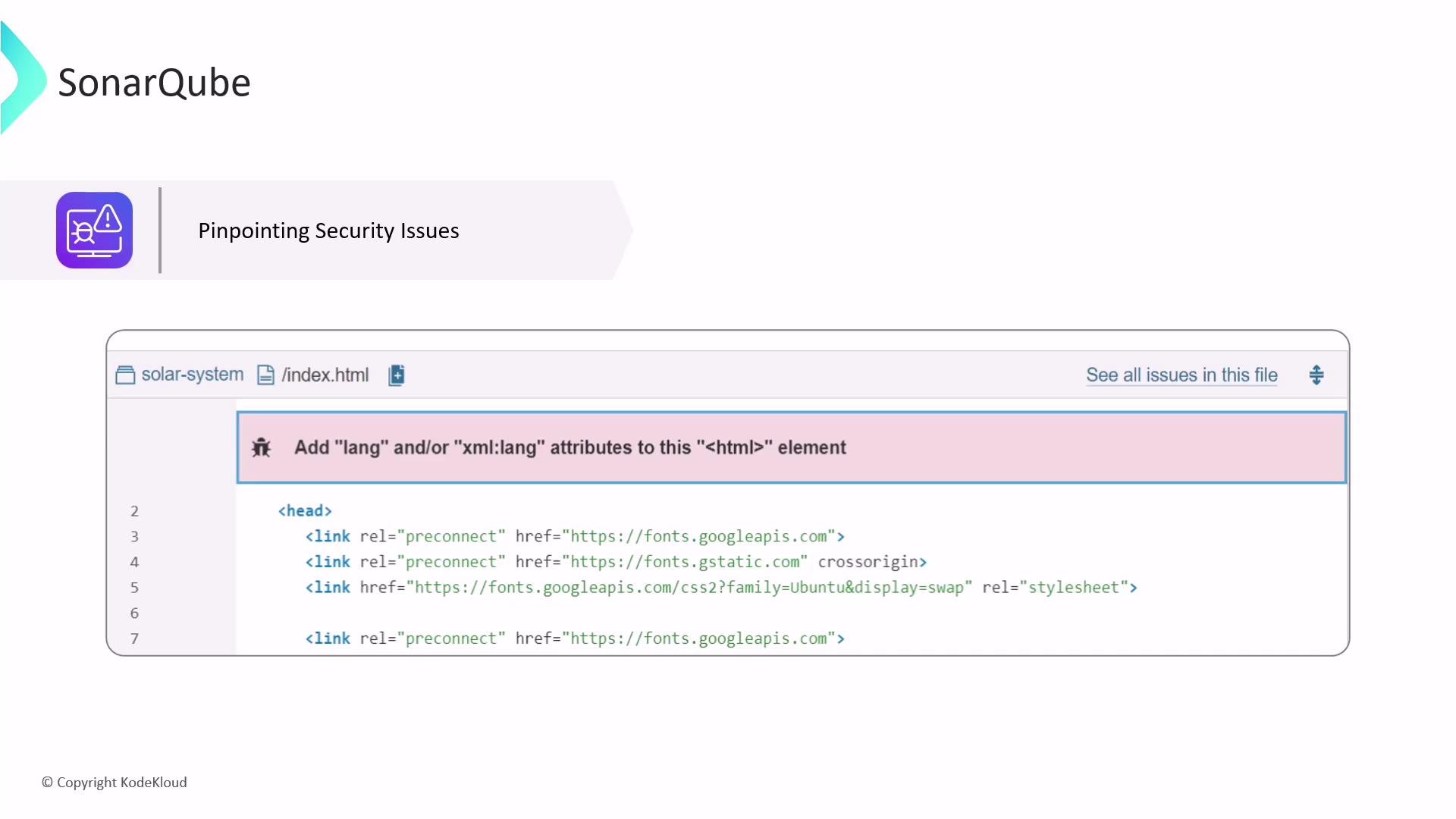The image shows a SonarQube interface highlighting a security issue in an HTML file, suggesting the addition of "lang" and/or "xml:lang" attributes to the `<html>` element.