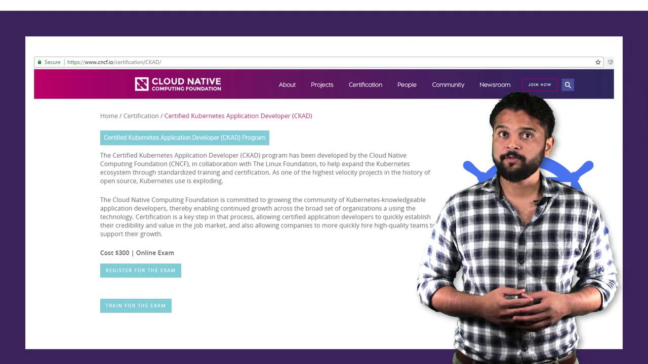 A person stands beside a webpage about the Certified Kubernetes Application Developer (CKAD) program by the Cloud Native Computing Foundation.