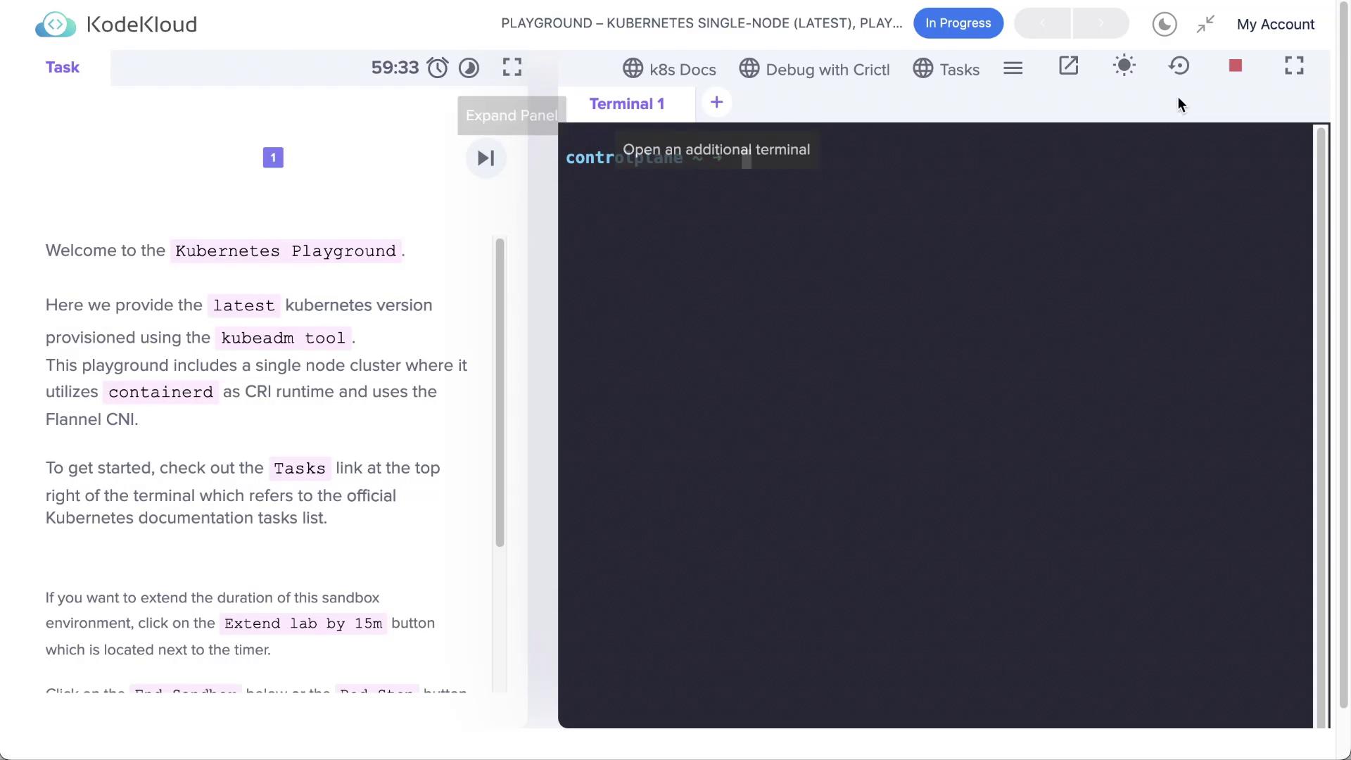 The image shows a KodeKloud Kubernetes Playground interface with instructions and a terminal for practicing Kubernetes commands.