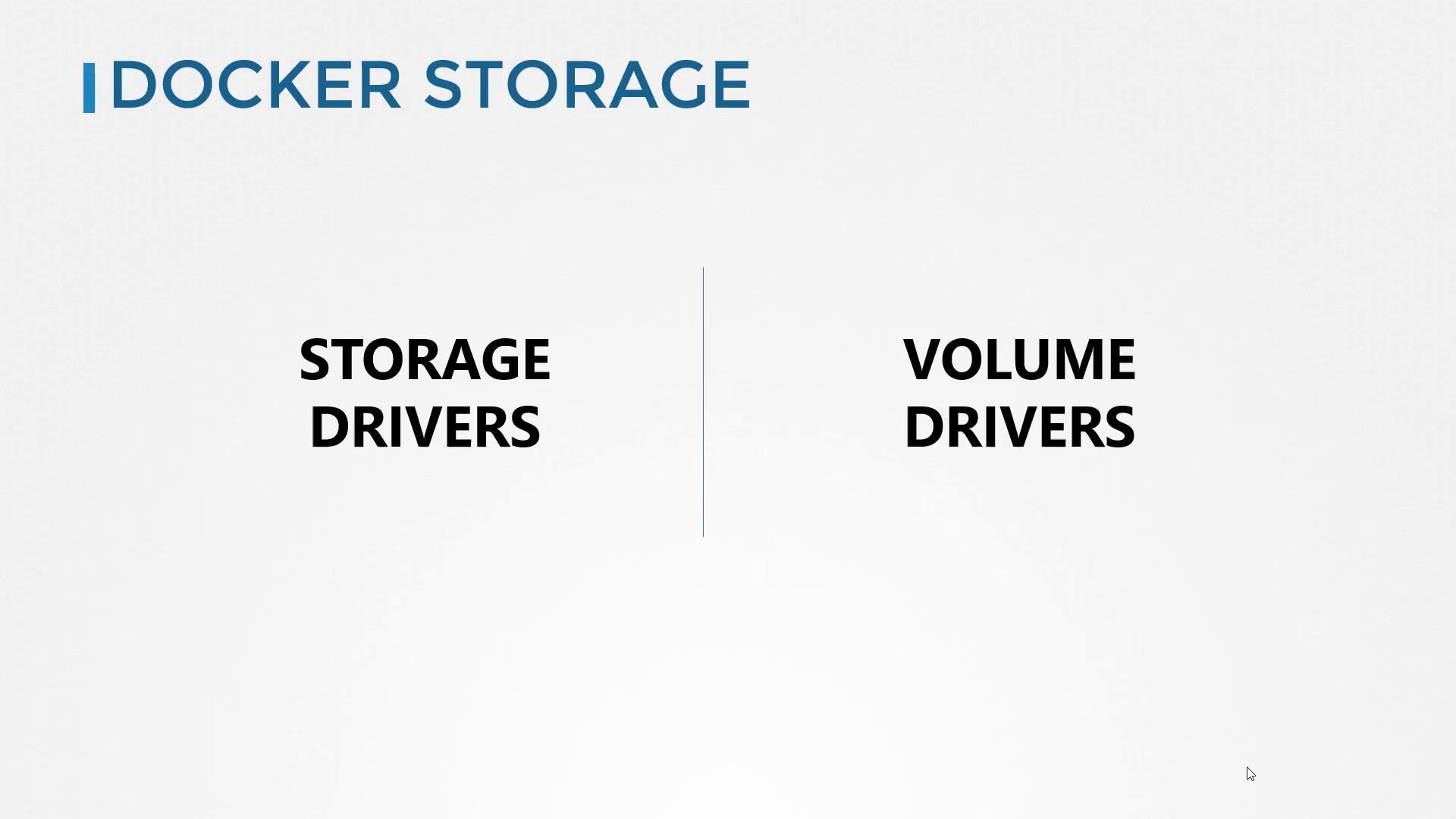 The image is a slide titled "Docker Storage," featuring two categories: "Storage Drivers" and "Volume Drivers."