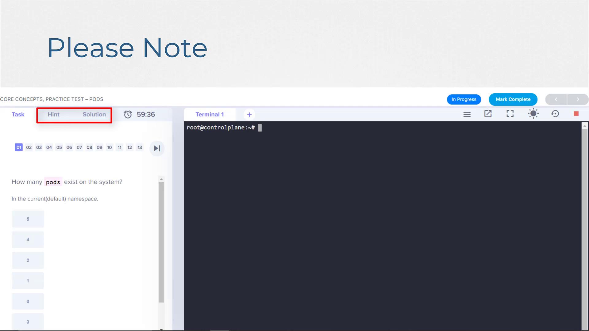 The image shows a practice test interface for Kubernetes pods, with a question about pod count and a terminal window for command input.