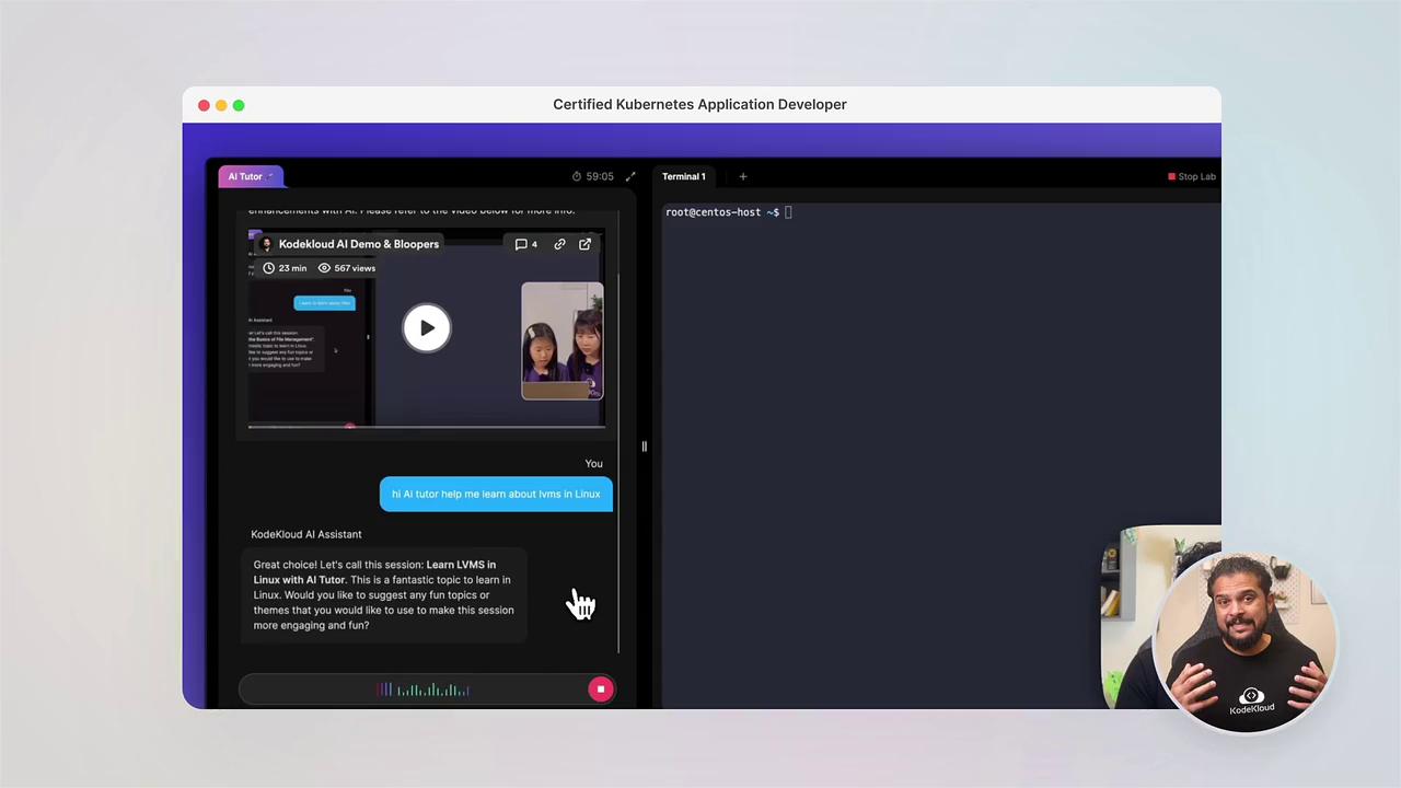 A computer screen displays a Kubernetes application with a video tutorial and chat interface, alongside a terminal window. A person is visible in a small video call thumbnail.