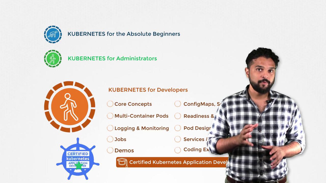 The image features a person presenting Kubernetes courses for beginners, administrators, and developers, highlighting topics like core concepts, multi-container pods, and logging.