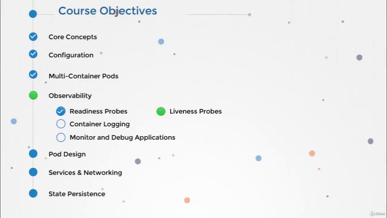 The image lists course objectives, including core concepts, configuration, multi-container pods, observability, pod design, services, networking, and state persistence, with some items checked off.