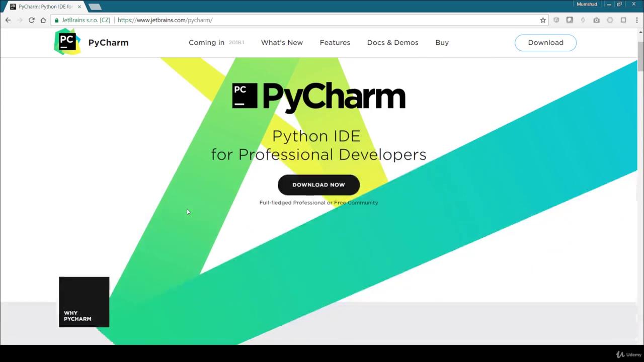 The image shows a webpage for PyCharm, a Python IDE for professional developers, with a download button and navigation links at the top.