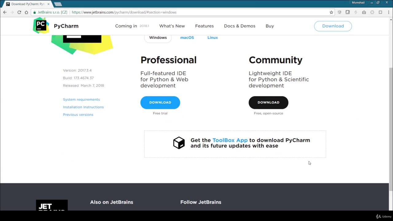 The image shows a webpage for downloading PyCharm, offering Professional and Community editions for Python development, with download buttons and additional information.