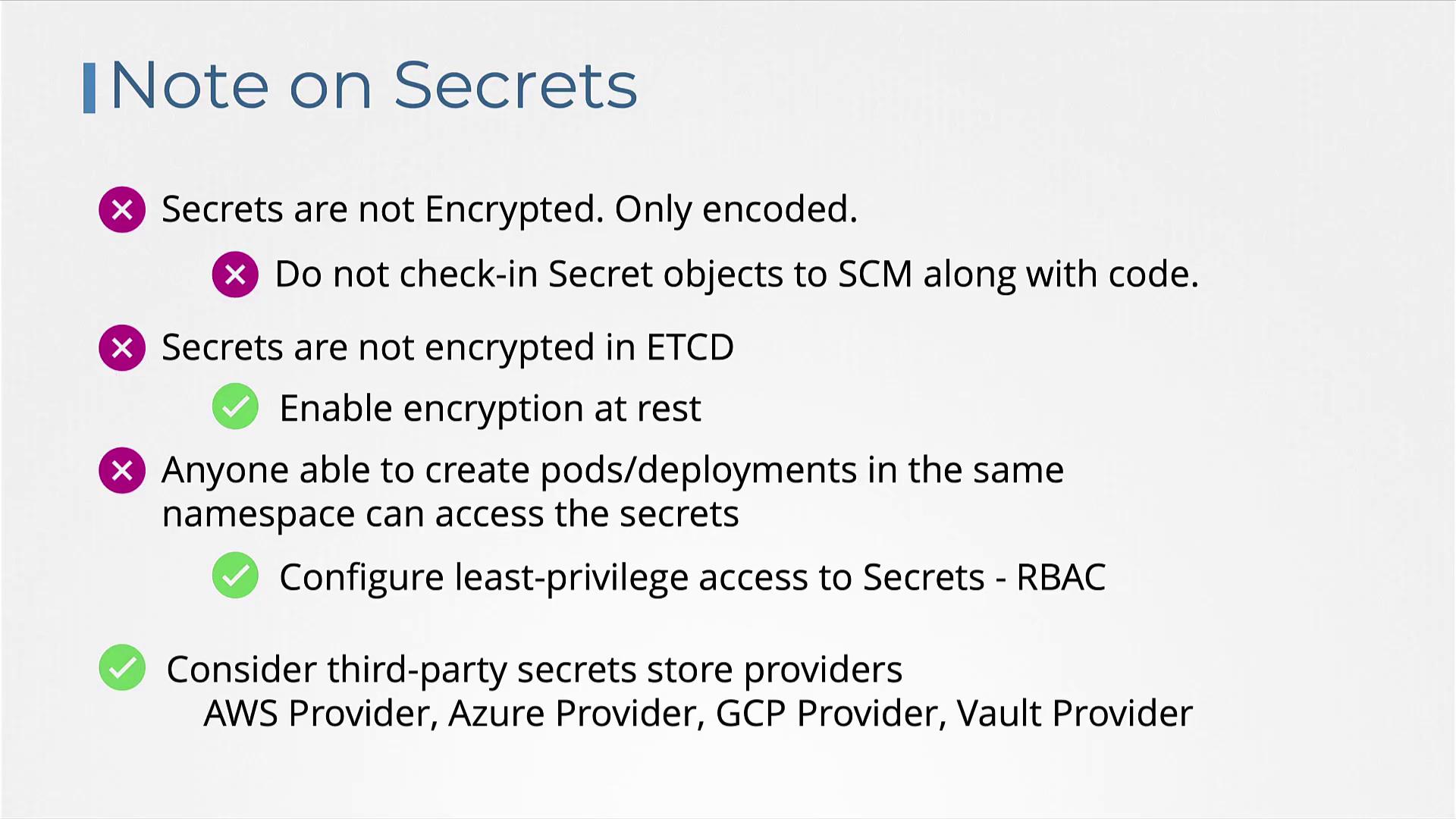 The image provides guidelines on handling secrets, emphasizing encryption, access control, and considering third-party providers for secure storage.