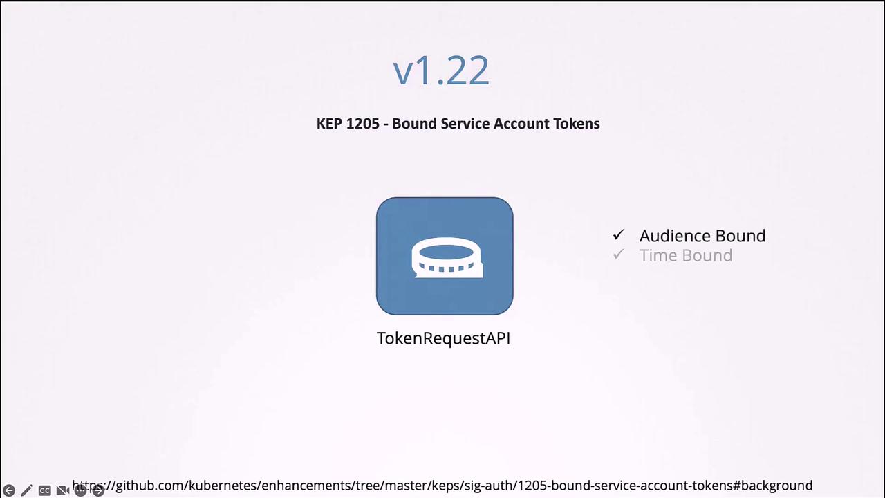 The image is a slide about Kubernetes v1.22, focusing on KEP 1205 for Bound Service Account Tokens, featuring TokenRequestAPI with audience and time-bound features.