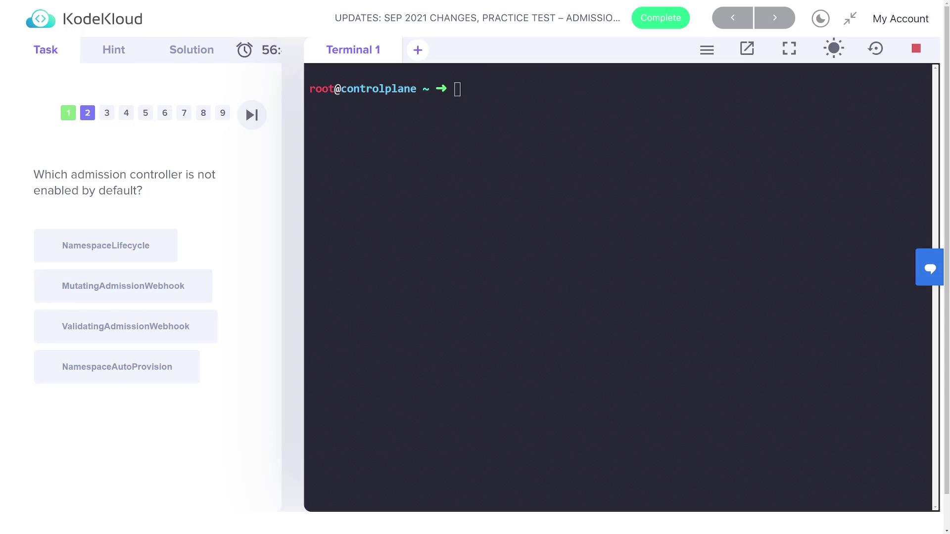 The image shows a KodeKloud practice test interface with a terminal and a question about which admission controller is not enabled by default.