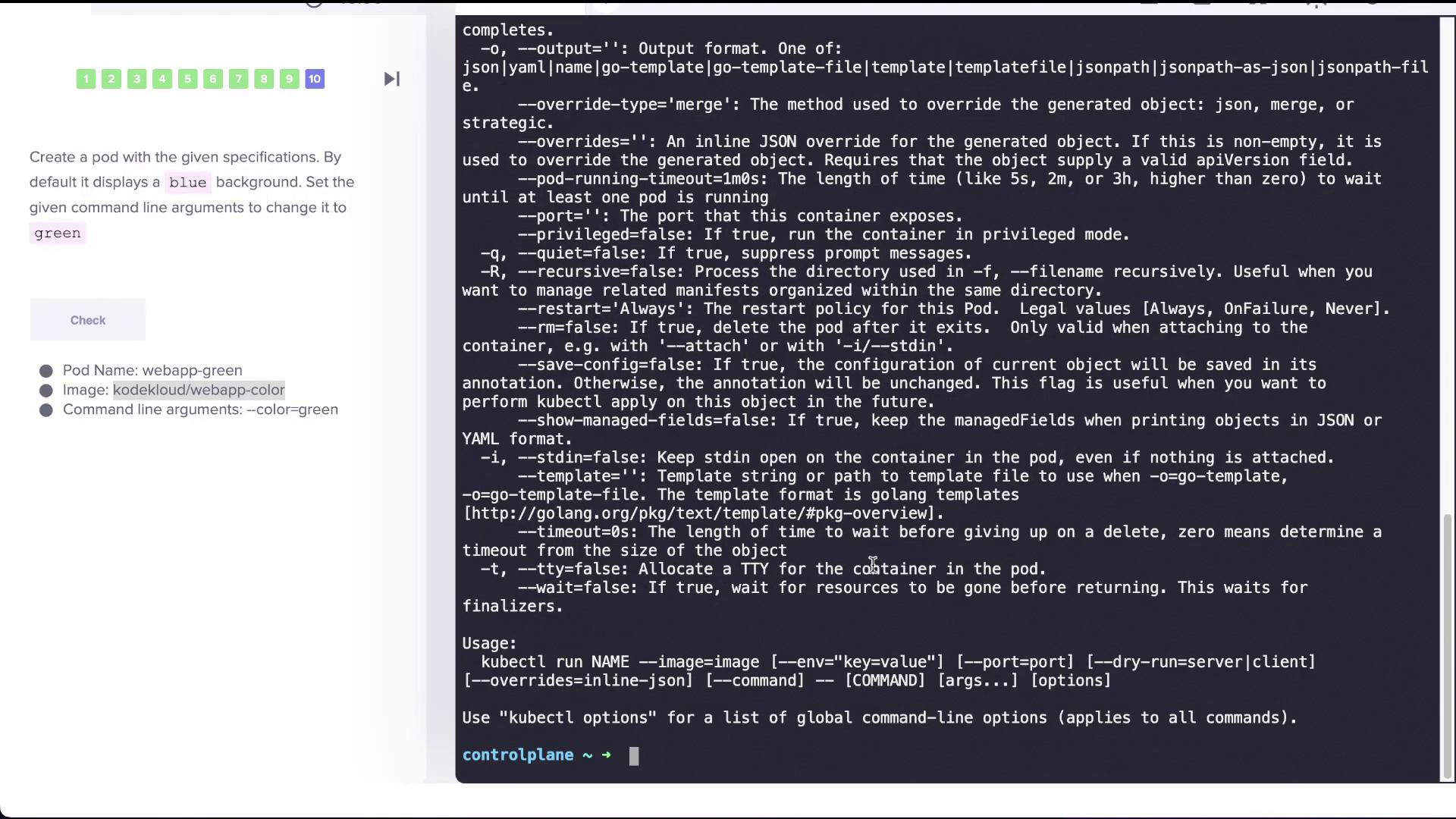 The image shows a Kubernetes task to create a pod named "webapp-green" using the image "kodekloud/webapp-color" with the command line argument "--color=green".