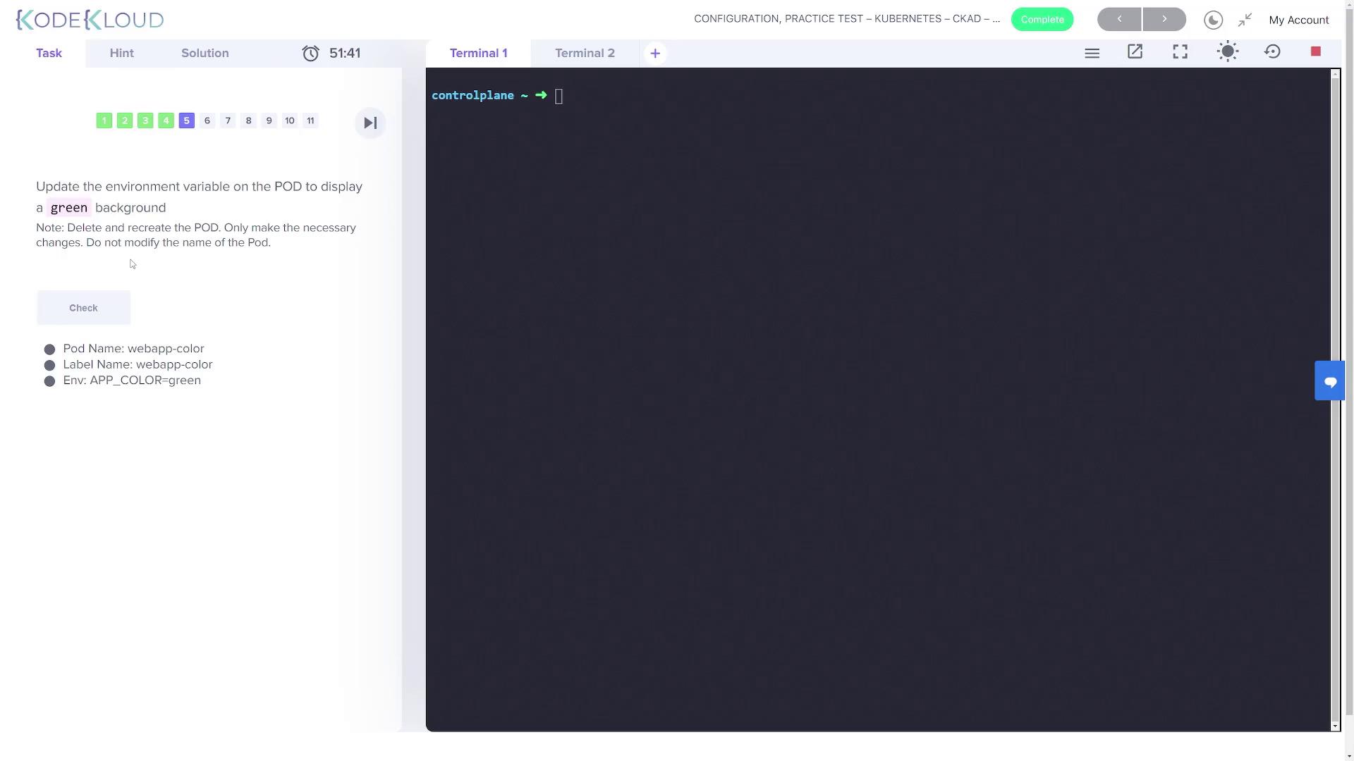 The image shows a KodeKloud practice test interface for Kubernetes, instructing to update a pod's environment variable to display a green background.