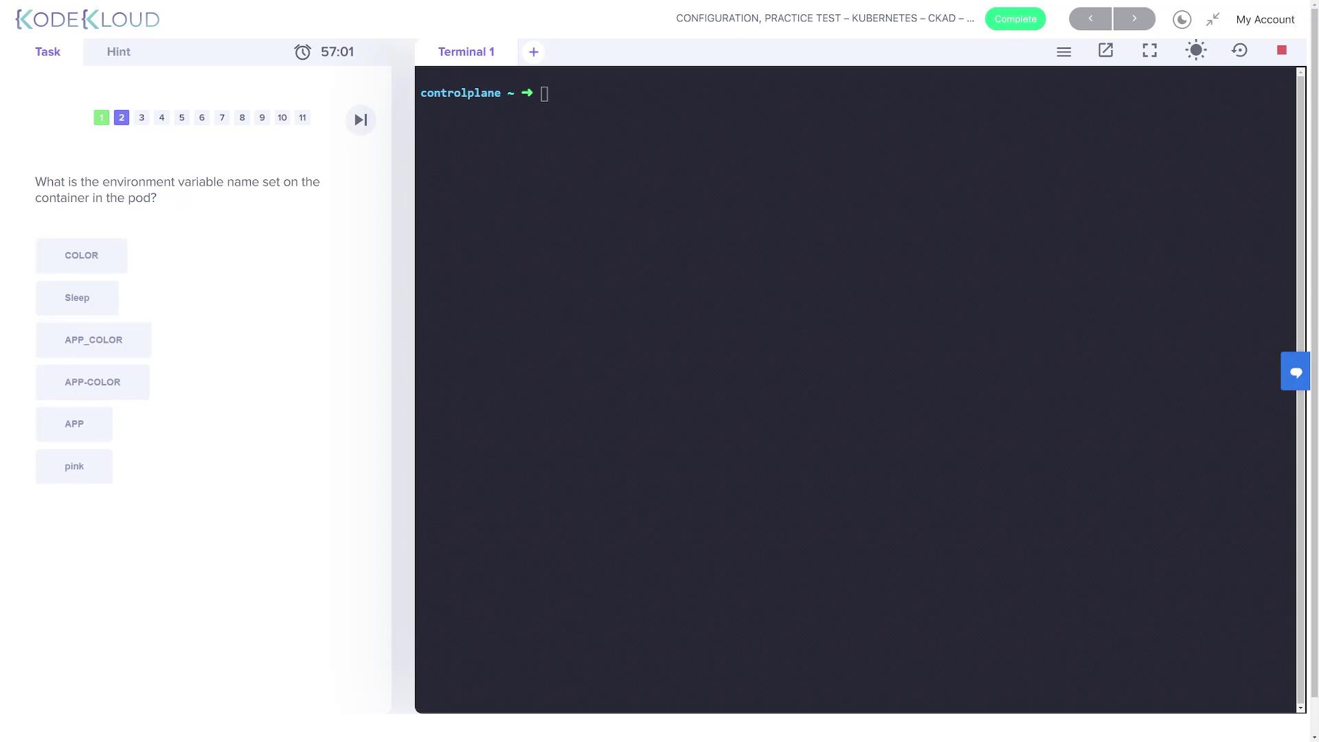 The image shows a KodeKloud practice test interface for Kubernetes, with a terminal and a question about setting an environment variable name in a pod container.