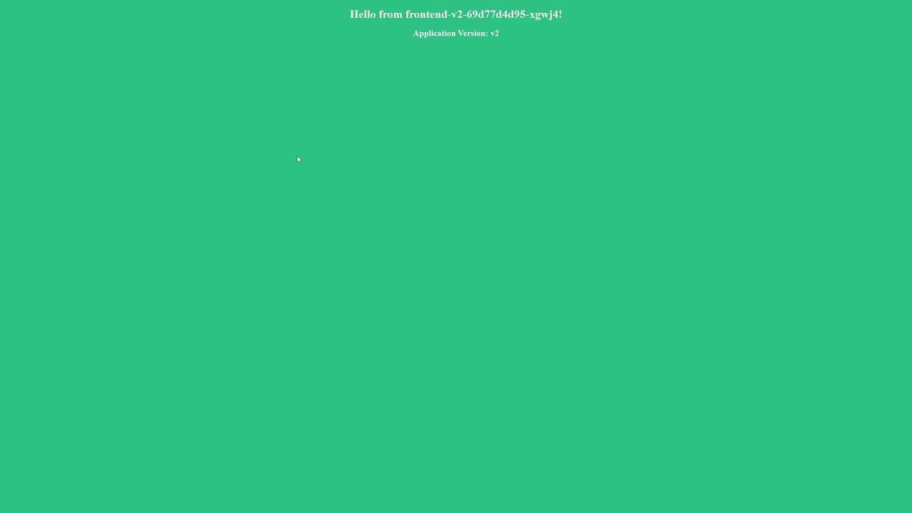 The image shows a green background with text displaying "Hello from frontend-v2-69d77d4d95-xgwj4!" and "Application Version: v2" in white.