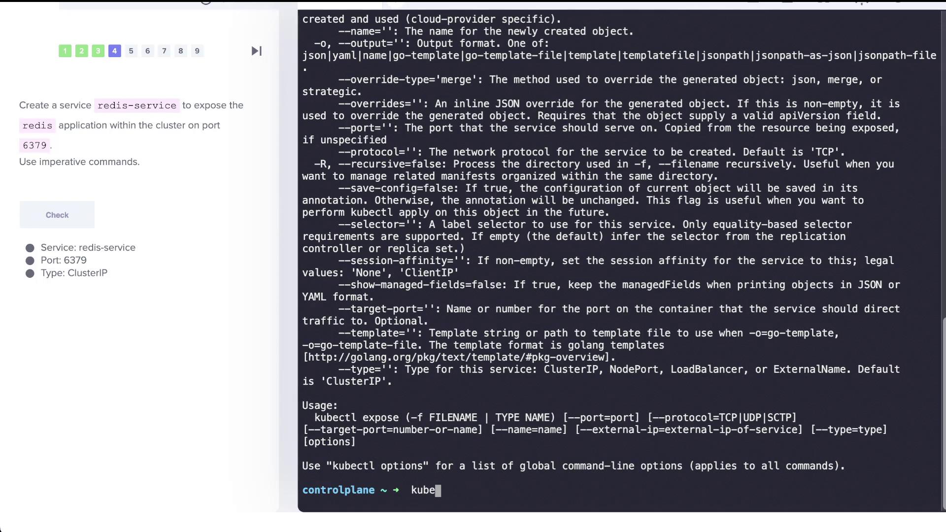 The image shows a Kubernetes command-line interface with instructions to create a Redis service using imperative commands, specifying service name, port, and type.