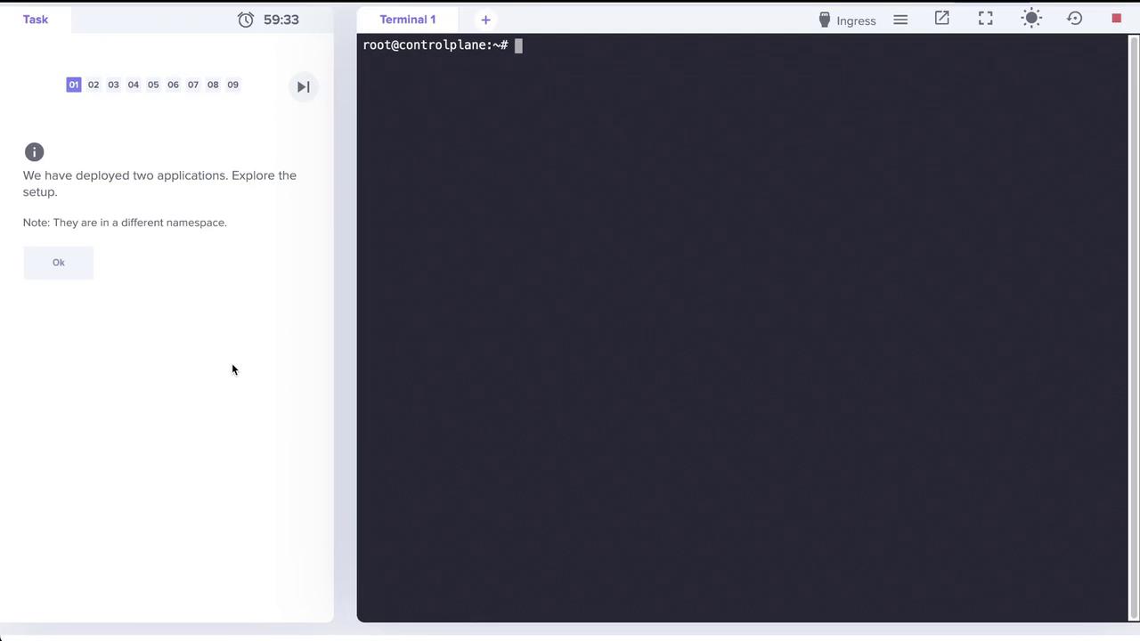 The image shows a terminal interface with a task description about exploring two deployed applications in different namespaces.