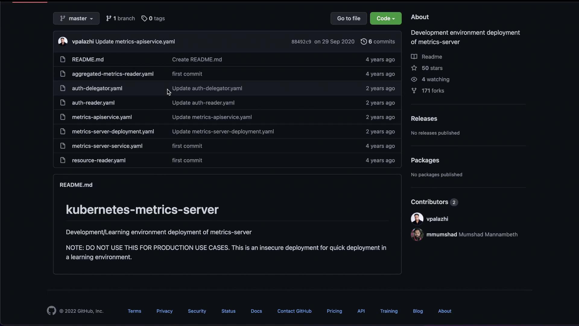 The image shows a GitHub repository for "kubernetes-metrics-server" with files, commit history, and contributor information, intended for development and learning environments.