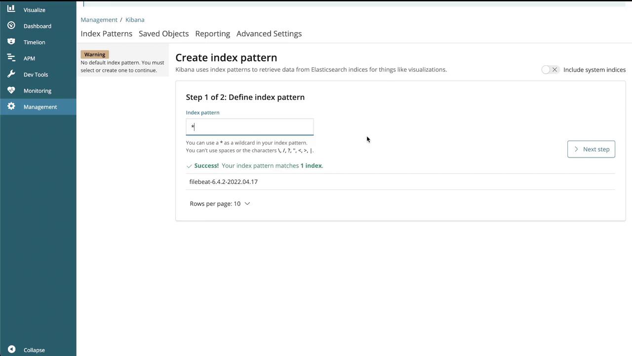 The image shows a Kibana interface for creating an index pattern, with a successful match for one index named "filebeat-6.4.2-2022.04.17".