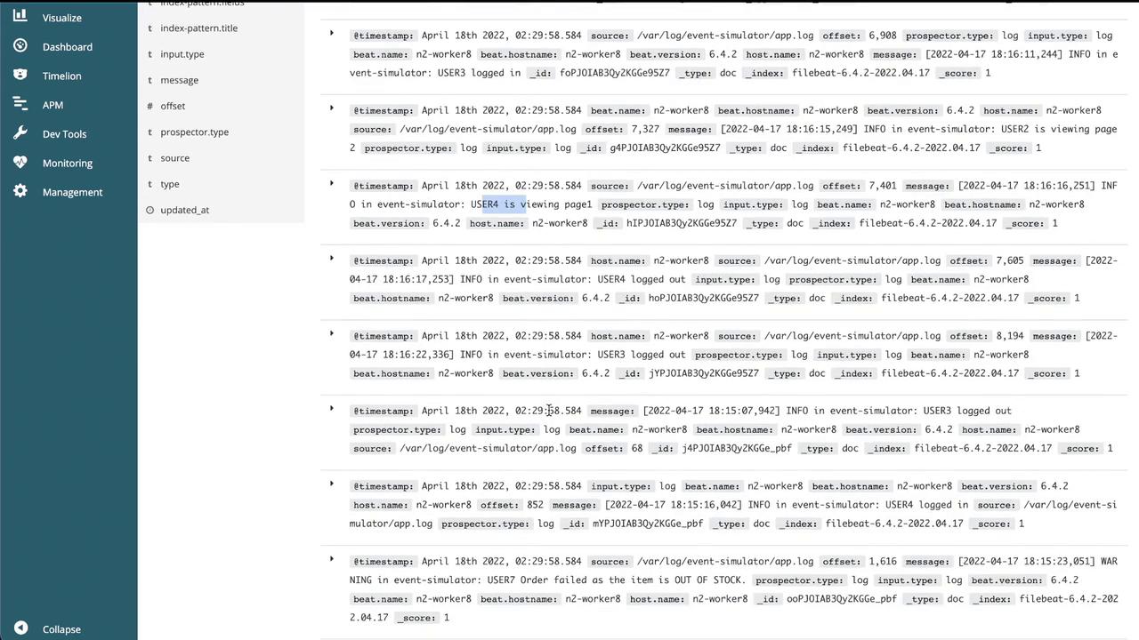 The image shows a log management interface displaying event logs with timestamps, sources, messages, and other metadata related to user activities on a system.