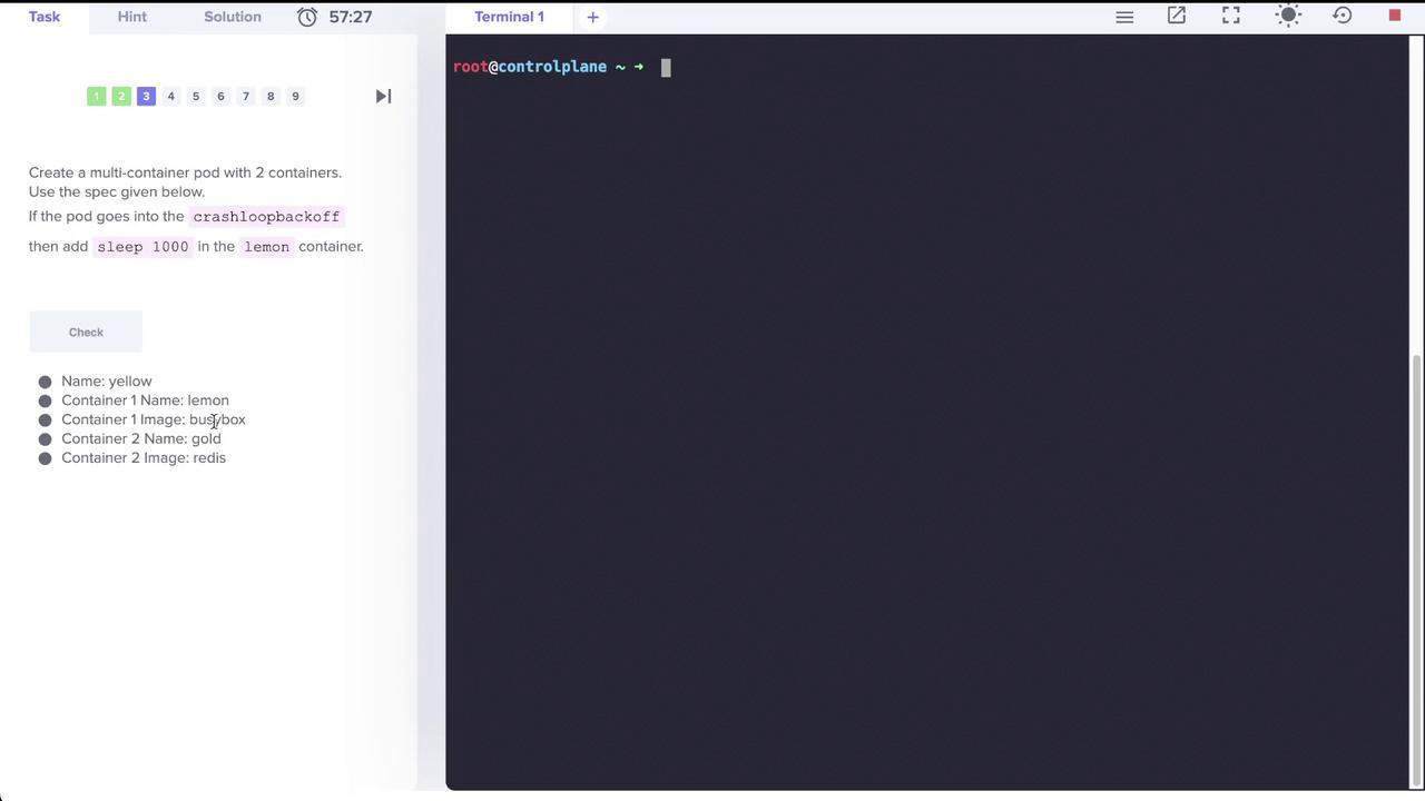 The image shows a task to create a multi-container pod with two containers using specified images, with instructions to handle a crashloopbackoff error.