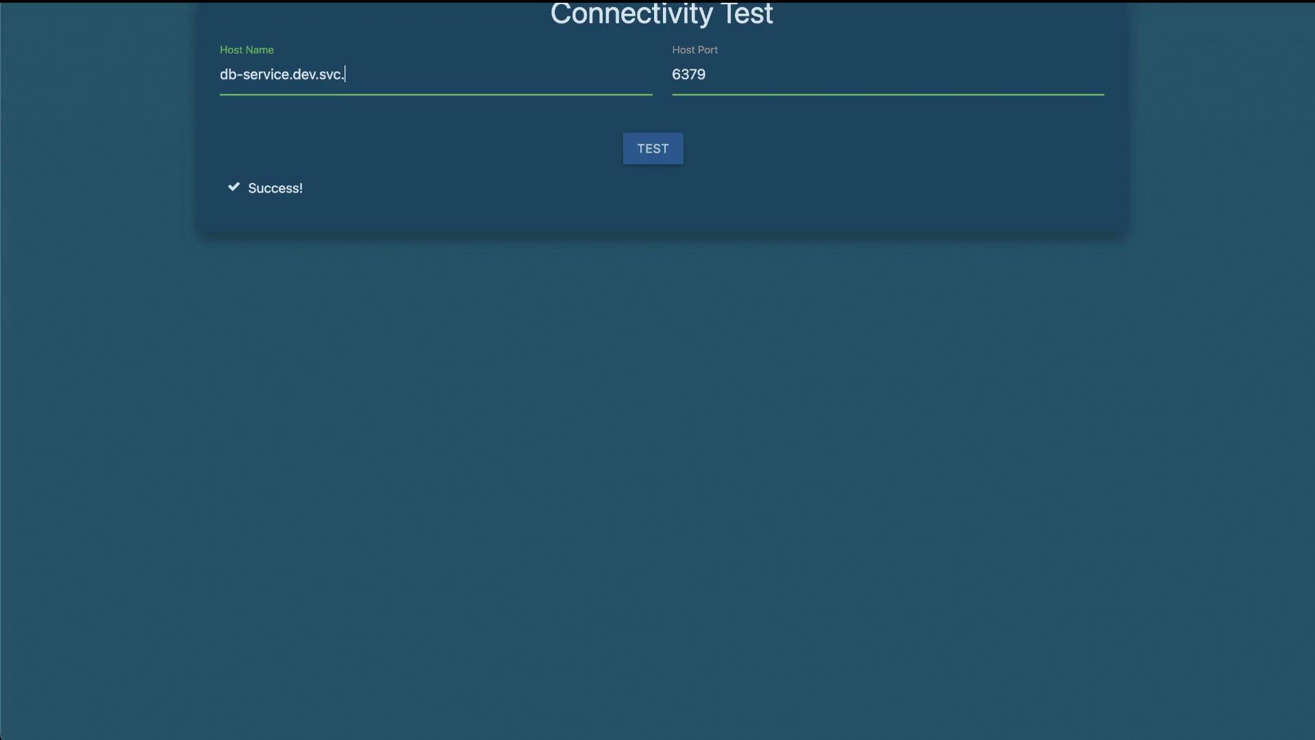 The image shows a "Connectivity Test" interface with a host name and port, indicating a successful connection.