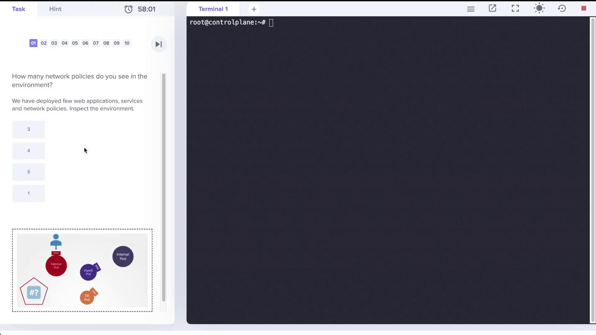 The image shows a task interface with a question about network policies, multiple-choice answers, and a diagram of pods in a network environment.